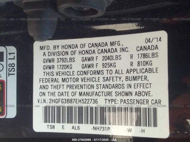 Photo 8 VIN: 2HGFG3B87EH522736 - HONDA CIVIC COUPE 