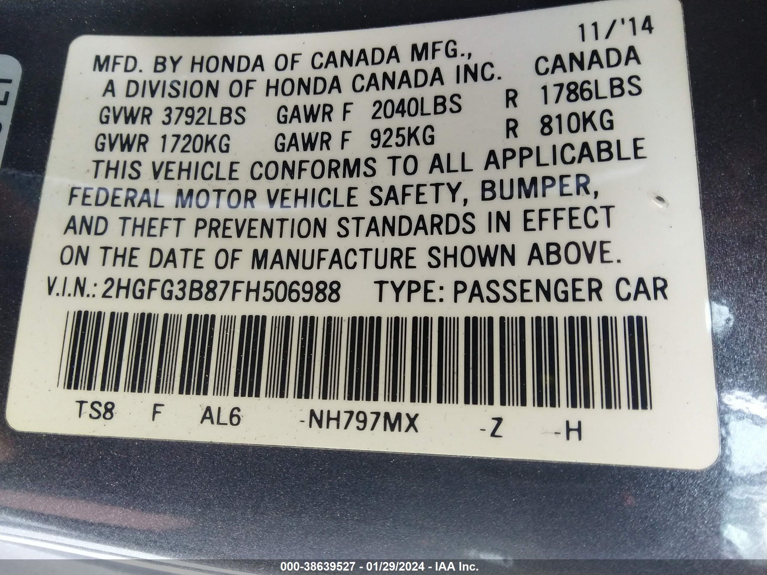 Photo 8 VIN: 2HGFG3B87FH506988 - HONDA CIVIC 