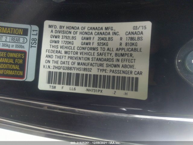 Photo 8 VIN: 2HGFG3B87FH518932 - HONDA CIVIC COUPE 