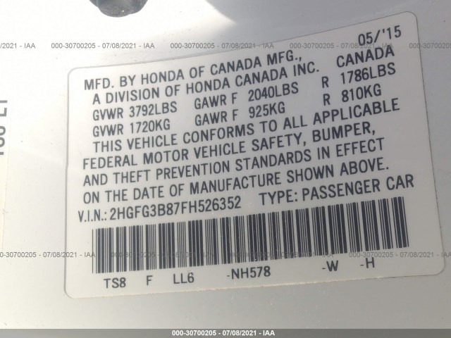 Photo 8 VIN: 2HGFG3B87FH526352 - HONDA CIVIC COUPE 