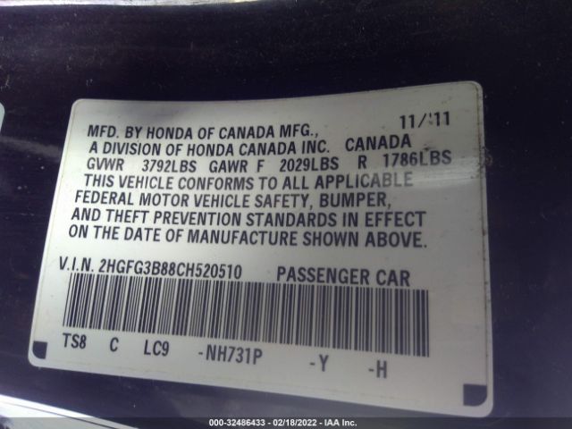 Photo 8 VIN: 2HGFG3B88CH520510 - HONDA CIVIC CPE 