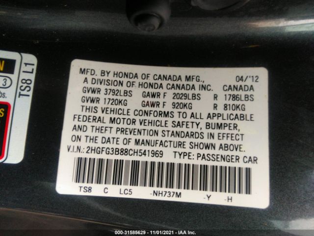 Photo 8 VIN: 2HGFG3B88CH541969 - HONDA CIVIC CPE 