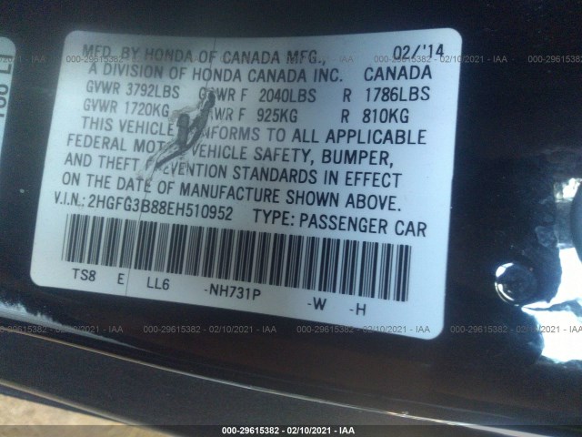 Photo 8 VIN: 2HGFG3B88EH510952 - HONDA CIVIC COUPE 