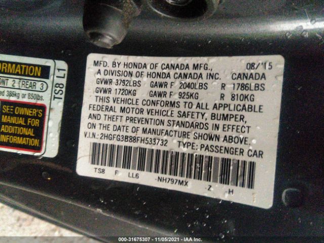 Photo 8 VIN: 2HGFG3B88FH533732 - HONDA CIVIC COUPE 