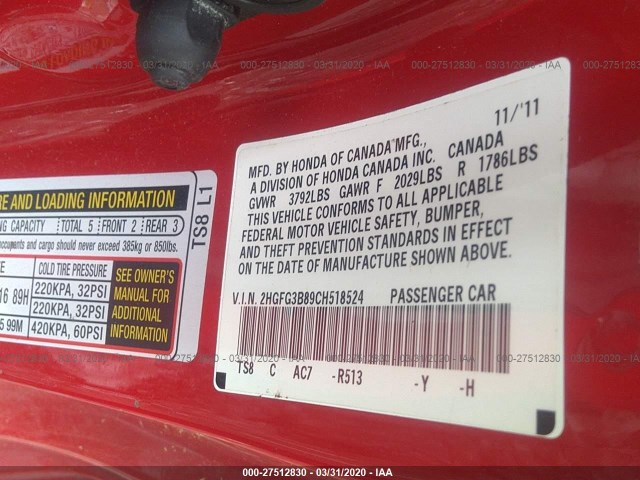 Photo 8 VIN: 2HGFG3B89CH518524 - HONDA CIVIC CPE 