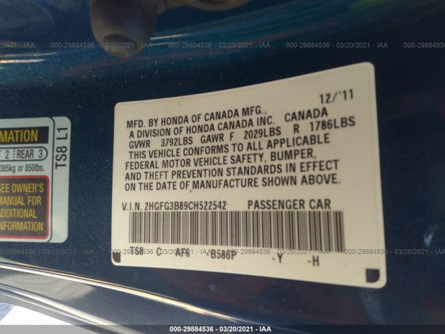 Photo 8 VIN: 2HGFG3B89CH522542 - HONDA CIVIC CPE 