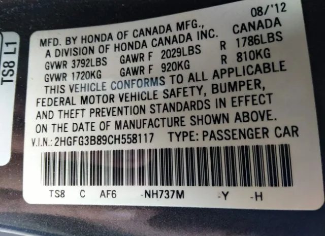 Photo 8 VIN: 2HGFG3B89CH558117 - HONDA CIVIC CPE 