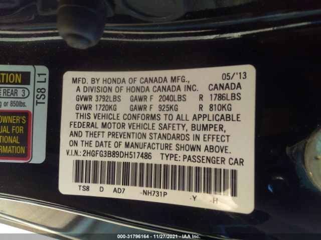 Photo 8 VIN: 2HGFG3B89DH517486 - HONDA CIVIC CPE 