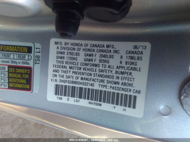 Photo 8 VIN: 2HGFG3B89DH522140 - HONDA CIVIC CPE 