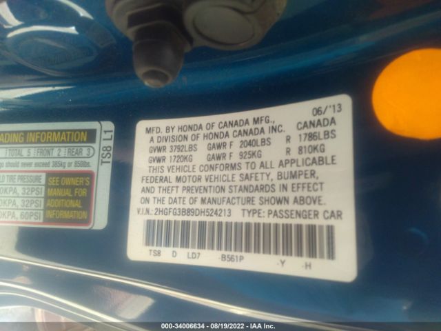 Photo 8 VIN: 2HGFG3B89DH524213 - HONDA CIVIC CPE 