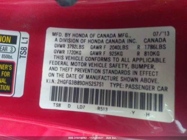 Photo 8 VIN: 2HGFG3B89DH525751 - HONDA CIVIC CPE 