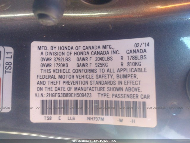 Photo 8 VIN: 2HGFG3B89EH509423 - HONDA CIVIC COUPE 