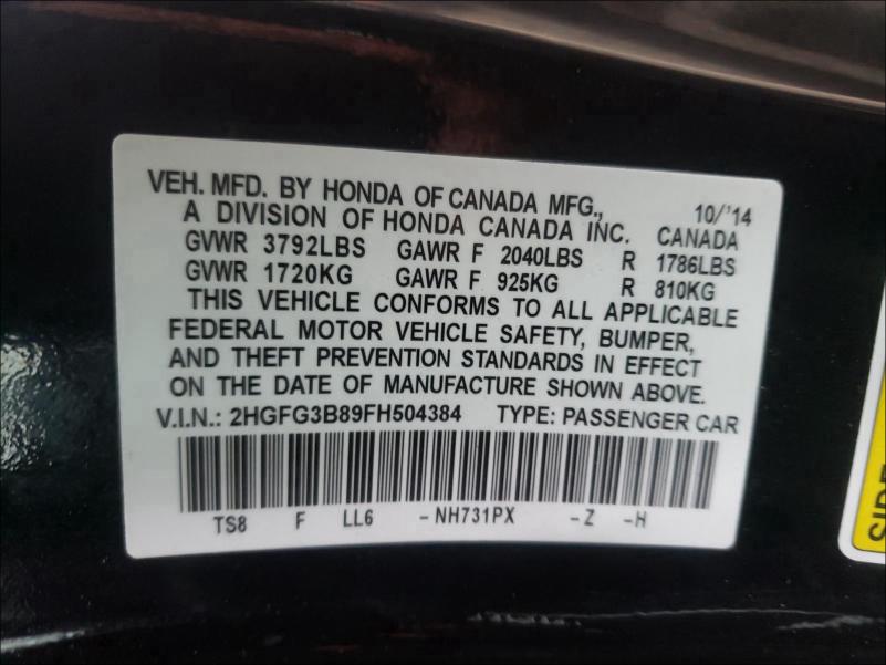 Photo 9 VIN: 2HGFG3B89FH504384 - HONDA CIVIC EX 