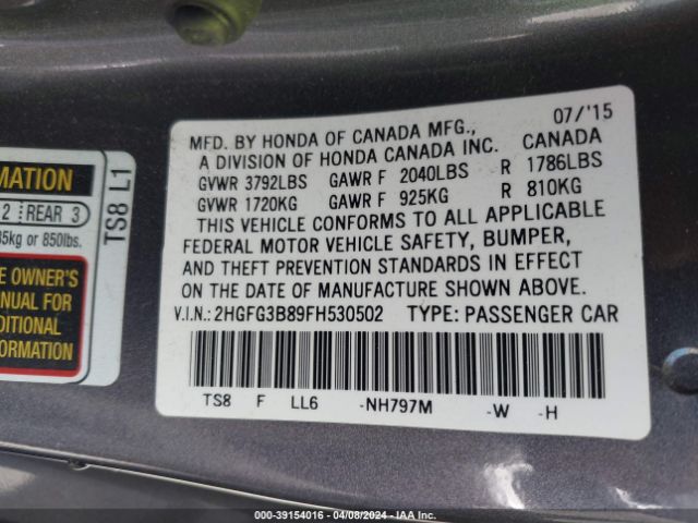 Photo 8 VIN: 2HGFG3B89FH530502 - HONDA CIVIC 