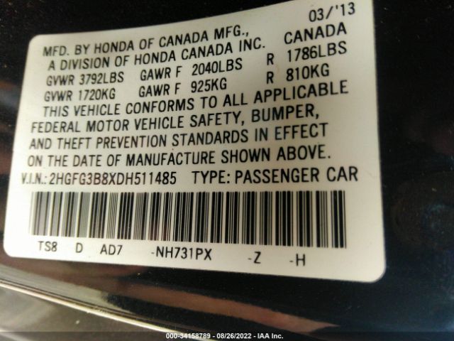 Photo 8 VIN: 2HGFG3B8XDH511485 - HONDA CIVIC CPE 