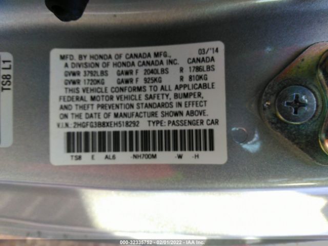 Photo 8 VIN: 2HGFG3B8XEH518292 - HONDA CIVIC COUPE 