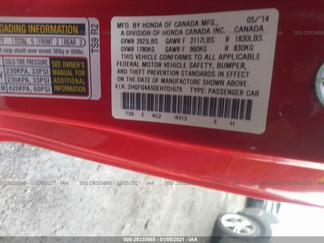 Photo 8 VIN: 2HGFG4A50EH701679 - HONDA CIVIC COUPE 