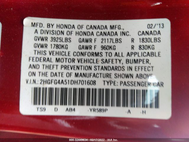 Photo 8 VIN: 2HGFG4A51DH701608 - HONDA CIVIC CPE 