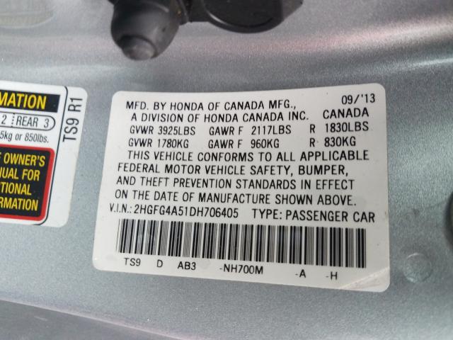 Photo 9 VIN: 2HGFG4A51DH706405 - HONDA CIVIC SI 