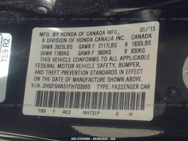 Photo 8 VIN: 2HGFG4A51FH702695 - HONDA CIVIC COUPE 