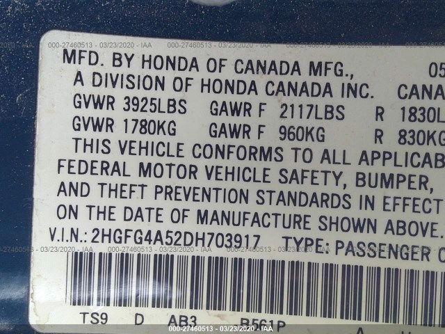 Photo 8 VIN: 2HGFG4A52DH703917 - HONDA CIVIC CPE 