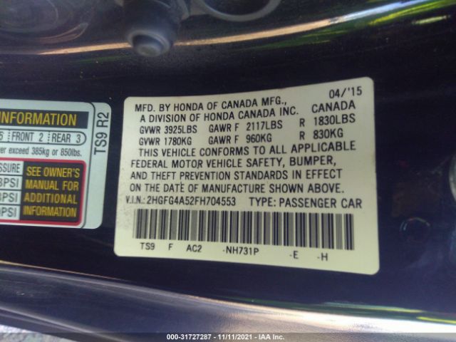 Photo 8 VIN: 2HGFG4A52FH704553 - HONDA CIVIC COUPE 