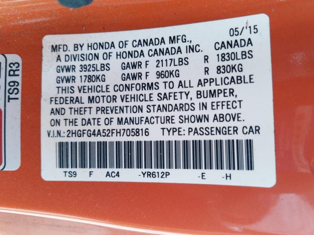 Photo 9 VIN: 2HGFG4A52FH705816 - HONDA CIVIC SI 