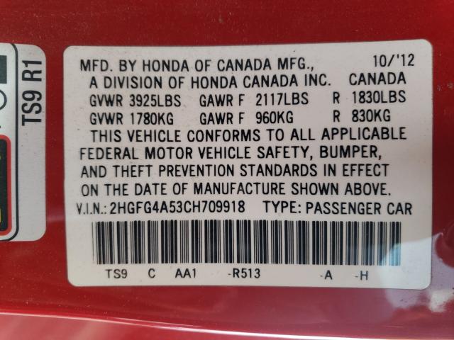 Photo 9 VIN: 2HGFG4A53CH709918 - HONDA CIVIC SI 