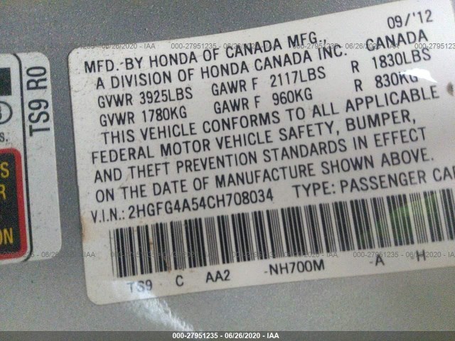 Photo 8 VIN: 2HGFG4A54CH708034 - HONDA CIVIC CPE 