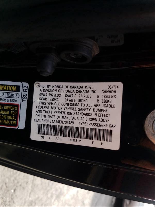 Photo 9 VIN: 2HGFG4A54EH702429 - HONDA CIVIC SI 