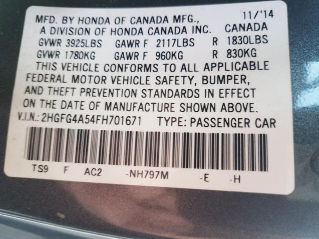 Photo 9 VIN: 2HGFG4A54FH701671 - HONDA CIVIC SI 