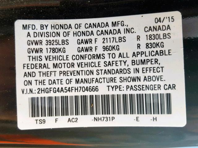 Photo 9 VIN: 2HGFG4A54FH704666 - HONDA CIVIC SI 