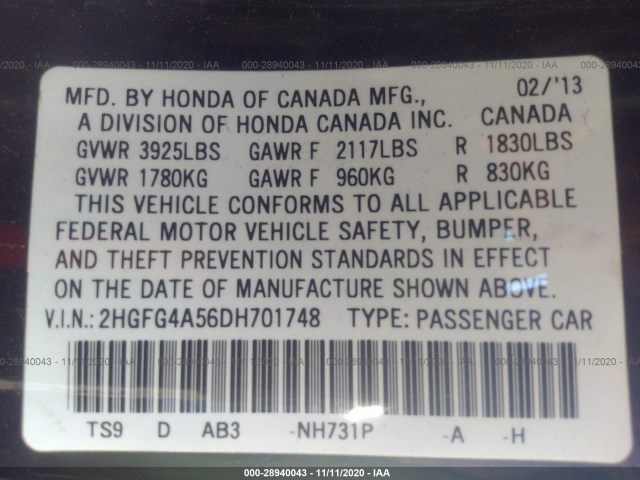 Photo 8 VIN: 2HGFG4A56DH701748 - HONDA CIVIC CPE 