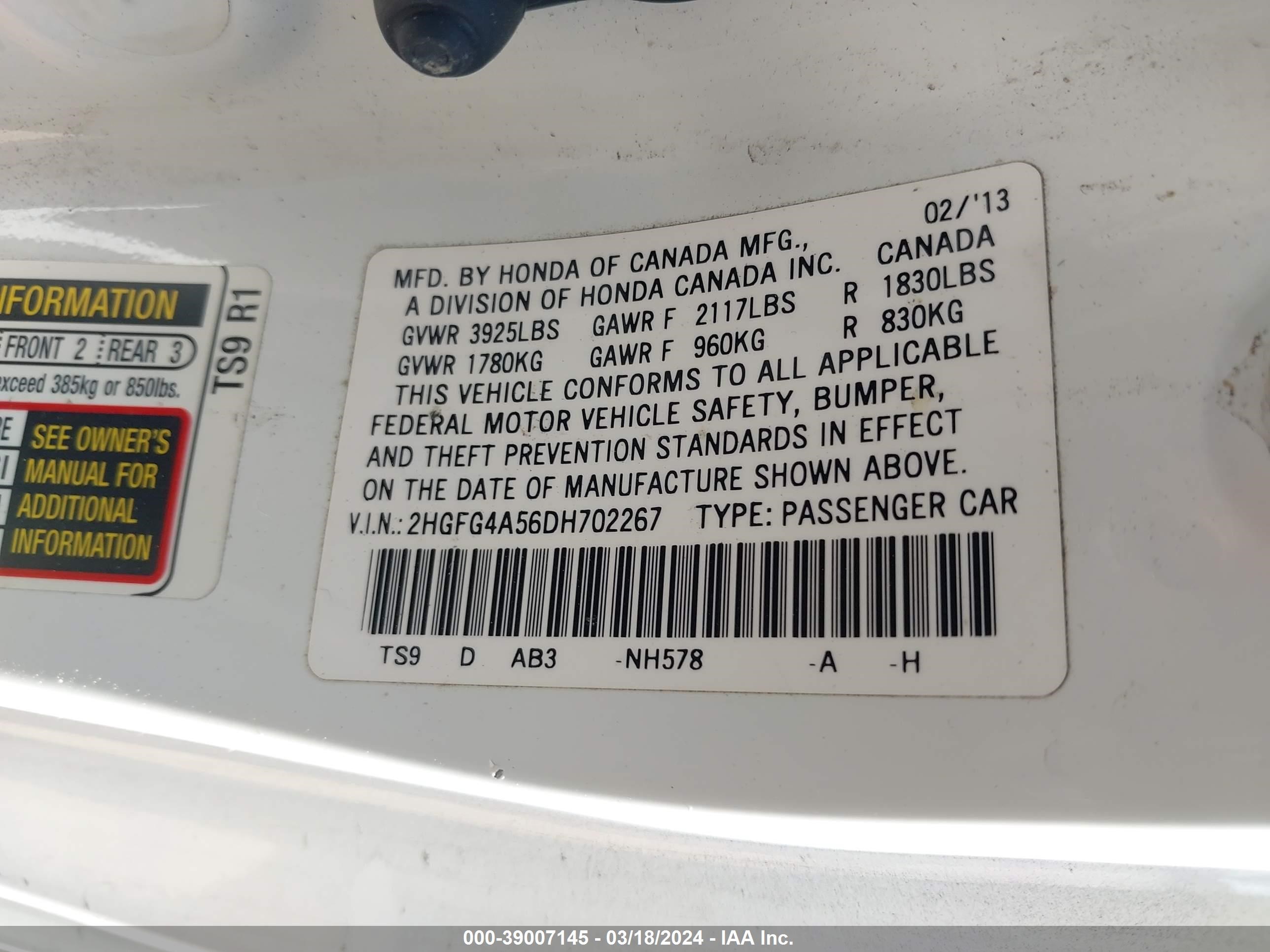 Photo 8 VIN: 2HGFG4A56DH702267 - HONDA CIVIC 