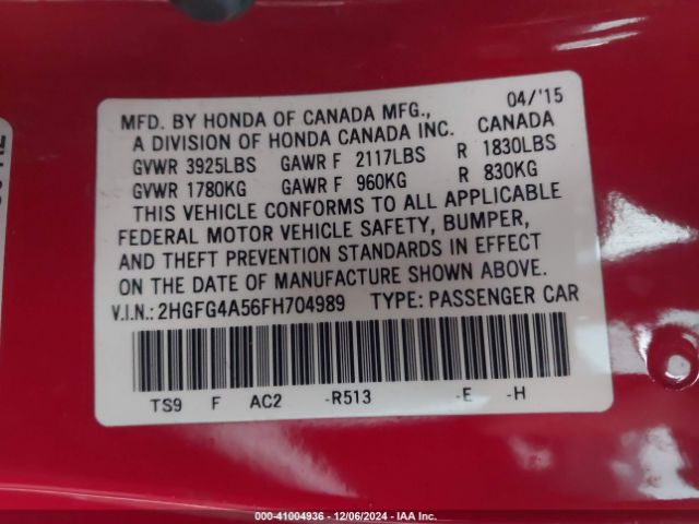 Photo 8 VIN: 2HGFG4A56FH704989 - HONDA CIVIC 