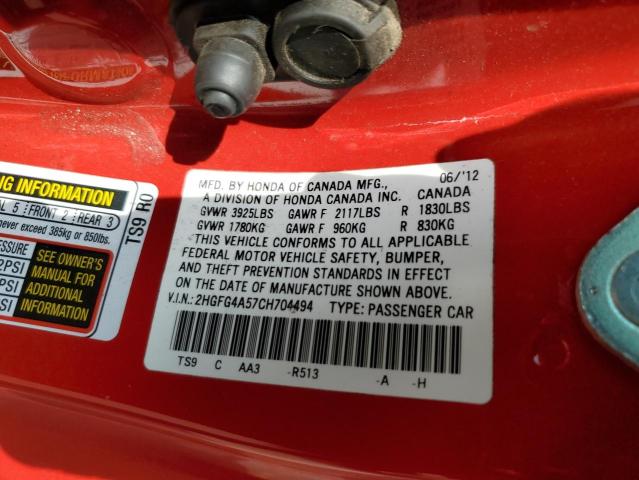 Photo 11 VIN: 2HGFG4A57CH704494 - HONDA CIVIC SI 