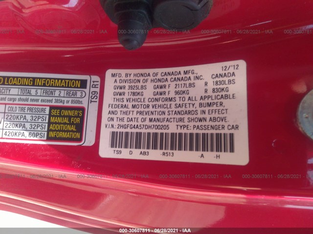 Photo 8 VIN: 2HGFG4A57DH700205 - HONDA CIVIC CPE 