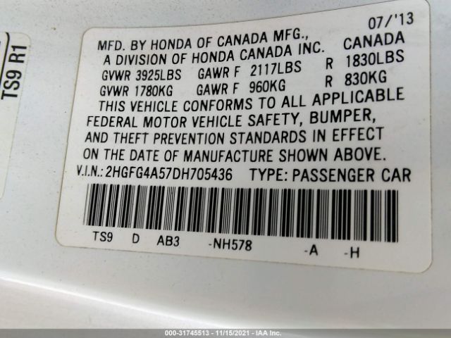 Photo 8 VIN: 2HGFG4A57DH705436 - HONDA CIVIC CPE 