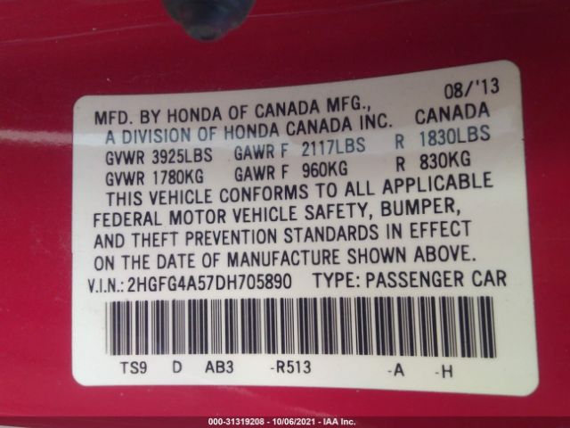 Photo 8 VIN: 2HGFG4A57DH705890 - HONDA CIVIC CPE 