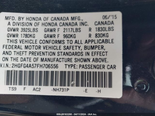 Photo 8 VIN: 2HGFG4A57FH706556 - HONDA CIVIC 