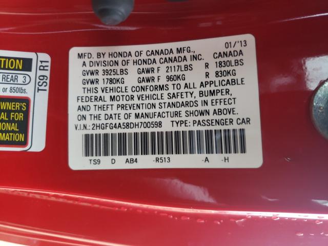 Photo 9 VIN: 2HGFG4A58DH700598 - HONDA CIVIC SI 