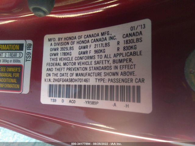 Photo 8 VIN: 2HGFG4A58DH701461 - HONDA CIVIC CPE 