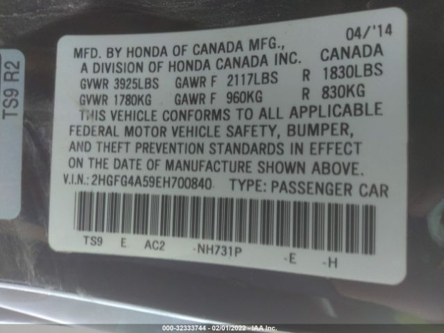 Photo 8 VIN: 2HGFG4A59EH700840 - HONDA CIVIC COUPE 