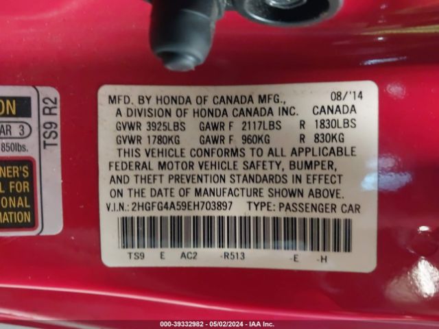 Photo 8 VIN: 2HGFG4A59EH703897 - HONDA CIVIC 