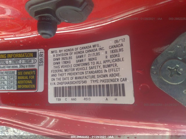 Photo 8 VIN: 2HGFG4A5XCH707549 - HONDA CIVIC CPE 