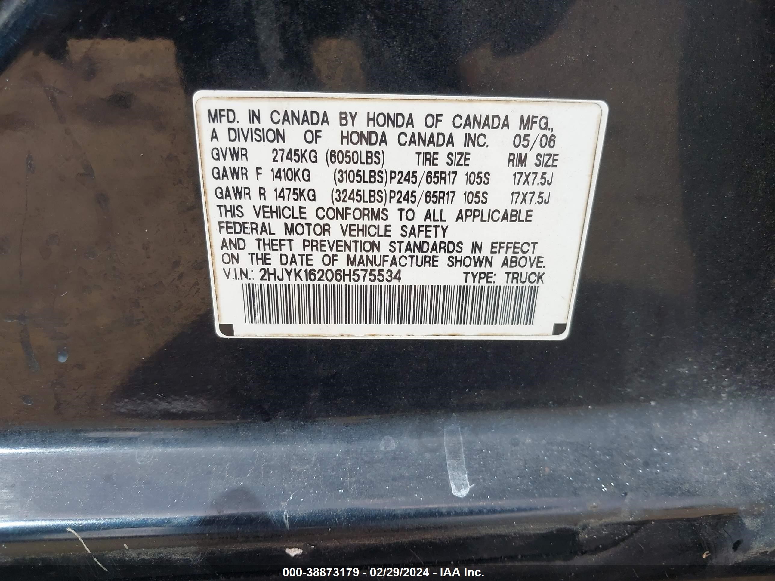 Photo 8 VIN: 2HJYK16206H575534 - HONDA RIDGELINE 