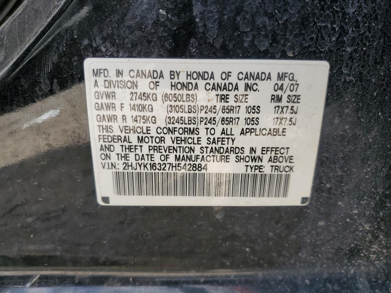 Photo 11 VIN: 2HJYK16327H542884 - HONDA RIDGELINE 