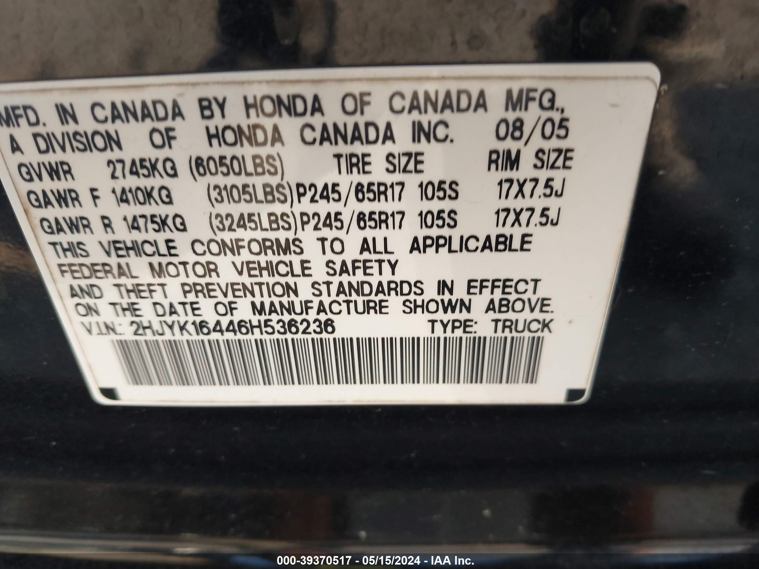 Photo 8 VIN: 2HJYK16446H536236 - HONDA RIDGELINE 