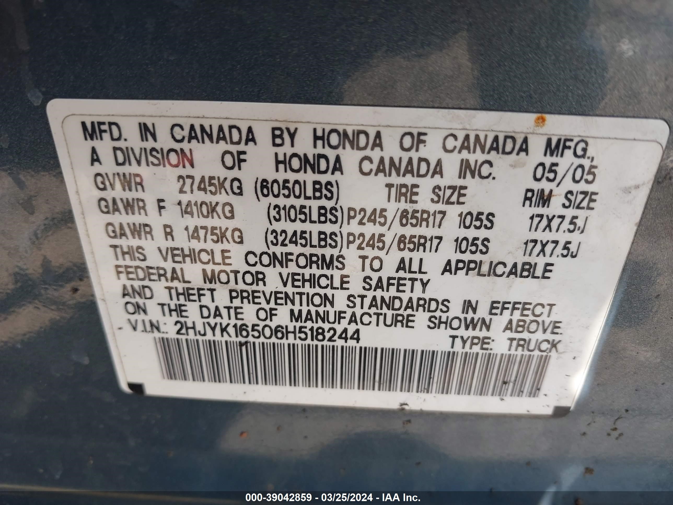 Photo 8 VIN: 2HJYK16506H518244 - HONDA RIDGELINE 