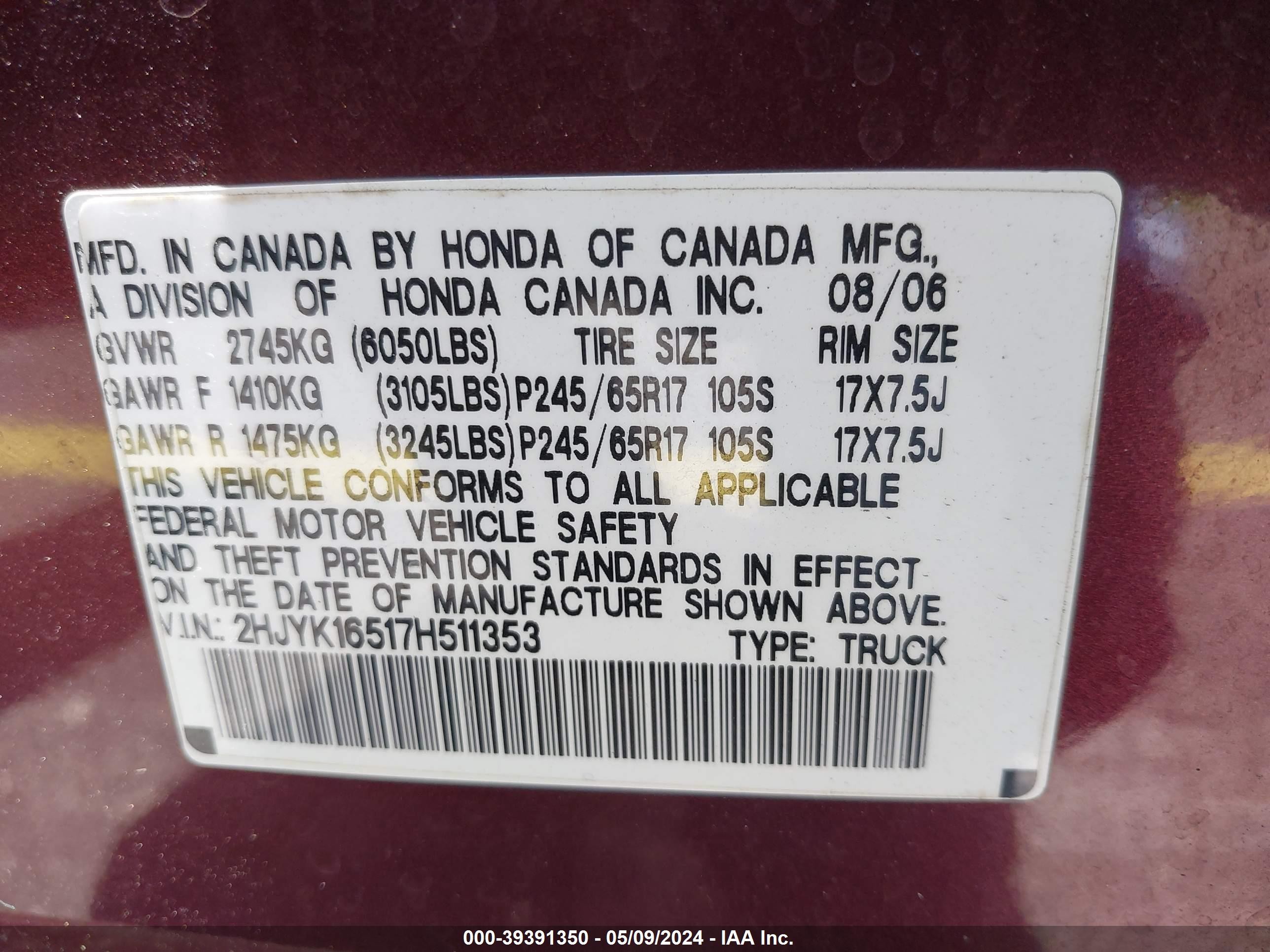 Photo 8 VIN: 2HJYK16517H511353 - HONDA RIDGELINE 